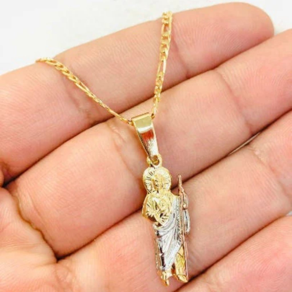 18k Gold Filled Tri Color San Judas Necklace For Womens With Figaro Chain 20